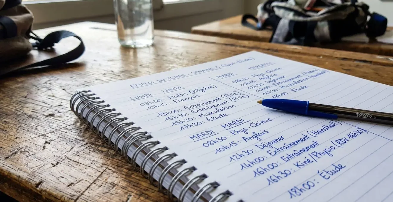 Gros plan sur un carnet ouvert montrant un emploi du temps manuscrit avec horaires d'entraînement et de cours, un stylo reposant sur la page