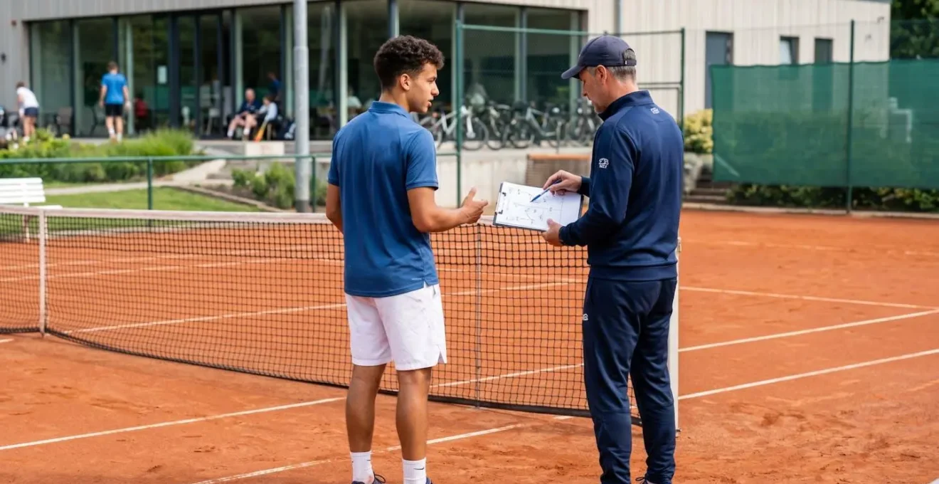 Un jeune joueur de tennis et son entraîneur vus de dos échangent sur un court extérieur moderne lors d'une séance d'entraînement en journée