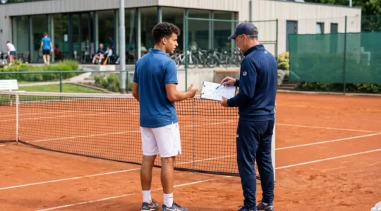 Un jeune joueur de tennis et son entraîneur vus de dos échangent sur un court extérieur moderne lors d'une séance d'entraînement en journée