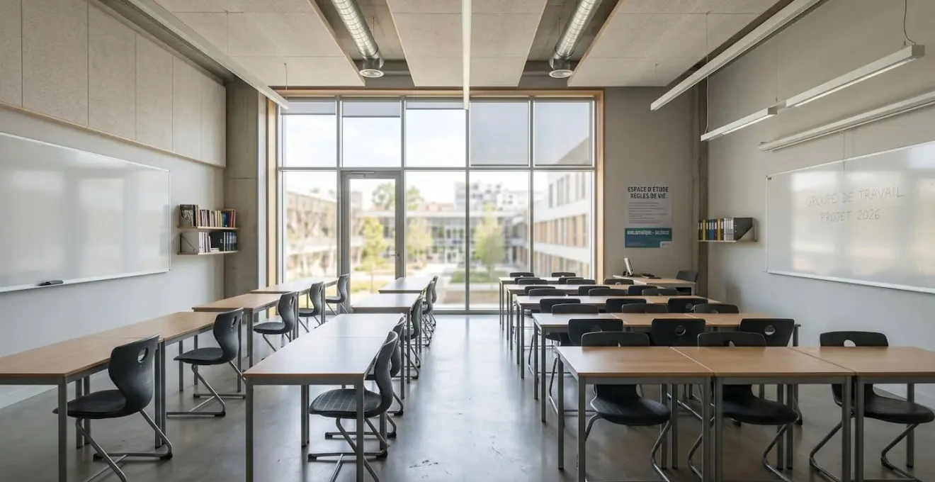 Vue grand angle d'une salle d'étude contemporaine vide avec tables et chaises alignées, éclairée par de larges fenêtres laissant entrer la lumière naturelle
