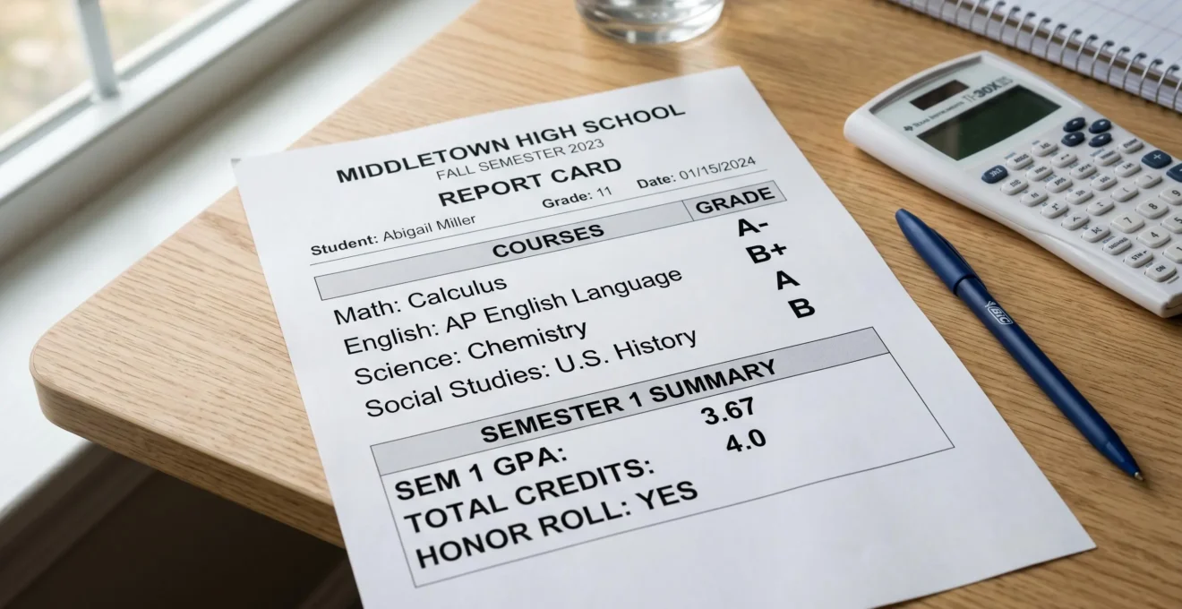 Bulletin scolaire américain authentique affichant des notes en lettres et un GPA de 3.67