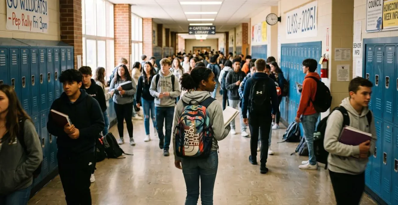 Couloir animé d'un lycée public américain avec casiers métalliques et élèves en mouvement entre deux cours