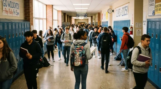 Couloir animé d'un lycée public américain avec casiers métalliques et élèves en mouvement entre deux cours