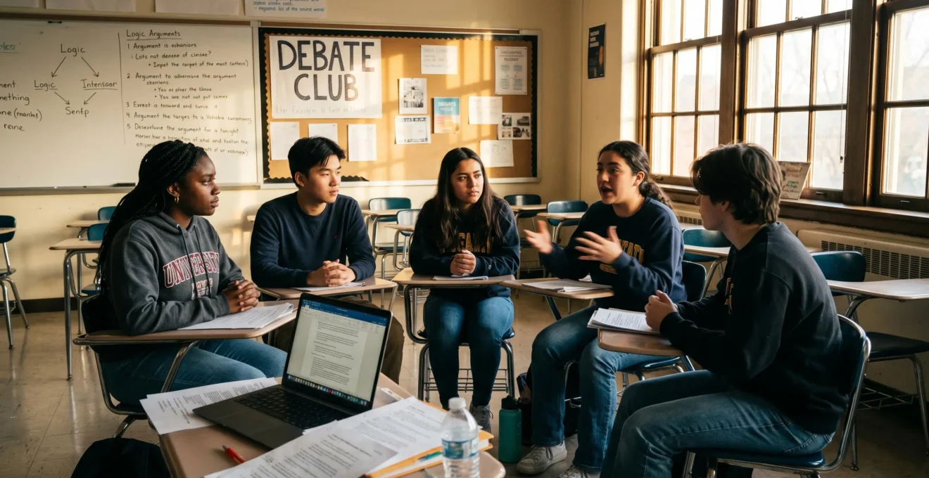 Groupe de lycéens américains en pleine séance de préparation du club de débat après les cours