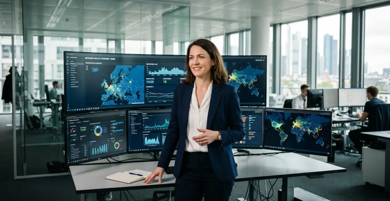 Cadre dirigeant analysant des données de cybersécurité sur plusieurs écrans dans un environnement de travail contemporain