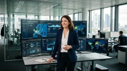 Cadre dirigeant analysant des données de cybersécurité sur plusieurs écrans dans un environnement de travail contemporain