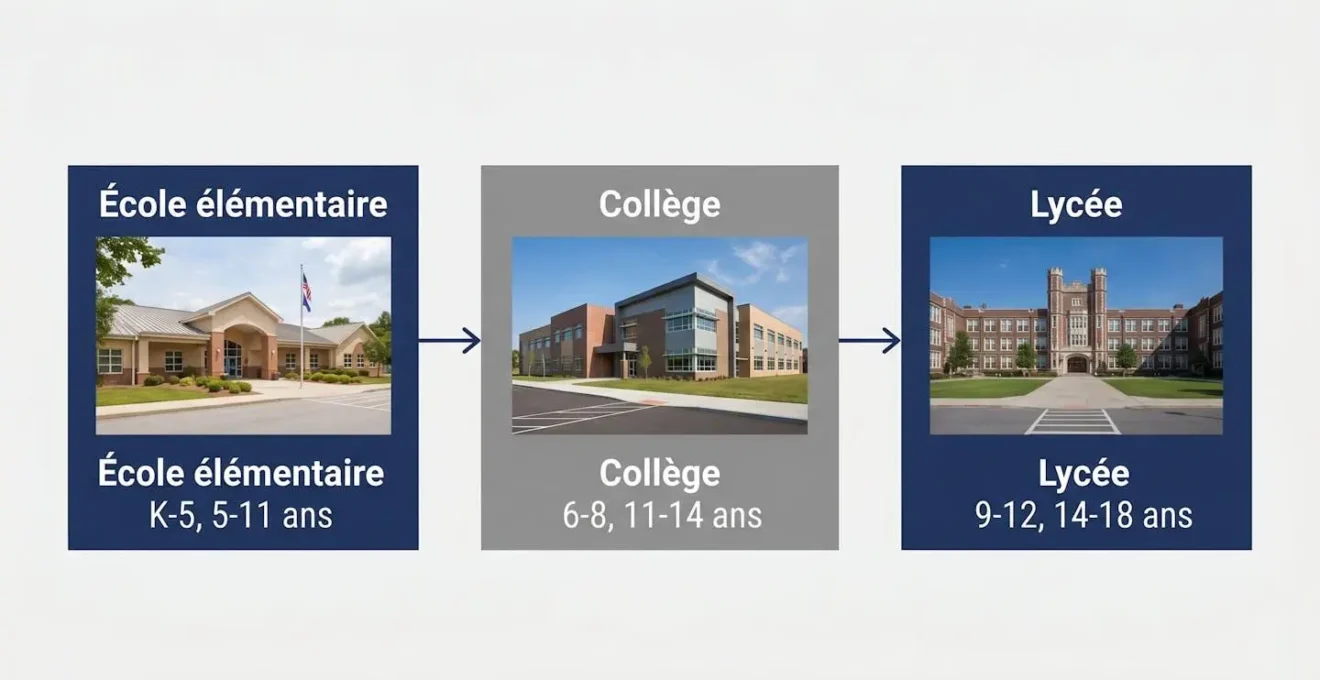 Schéma infographique horizontal de la structure K-12 américaine en trois blocs : Elementary K-5, Middle 6-8, High School 9-12